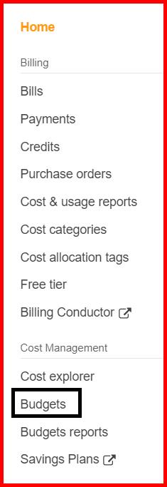 Picture showing the Budgets menu in Billing Dashboard screen